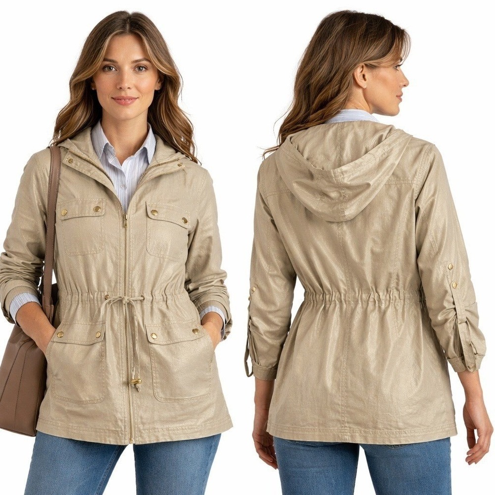 TravelSmith Jacket Womens Small Gold Shimmer Linen Blend Hooded Utility Jacket